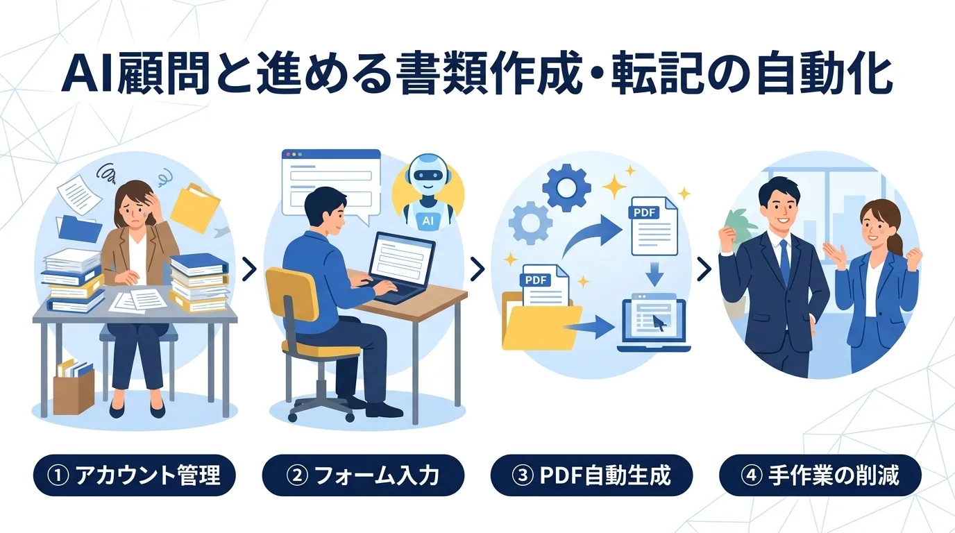 書類の手作業転記からフォーム入力によるPDF自動生成へ業務が移行する様子の図解イラスト