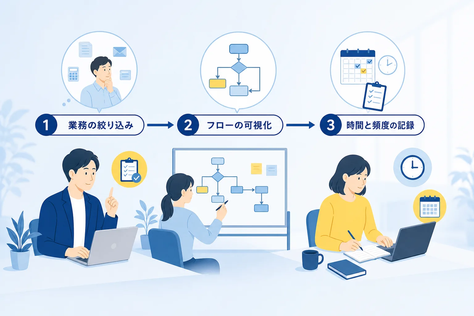 定型業務の特定からフローの可視化、所要時間の記録までの3ステップを示したフロー図