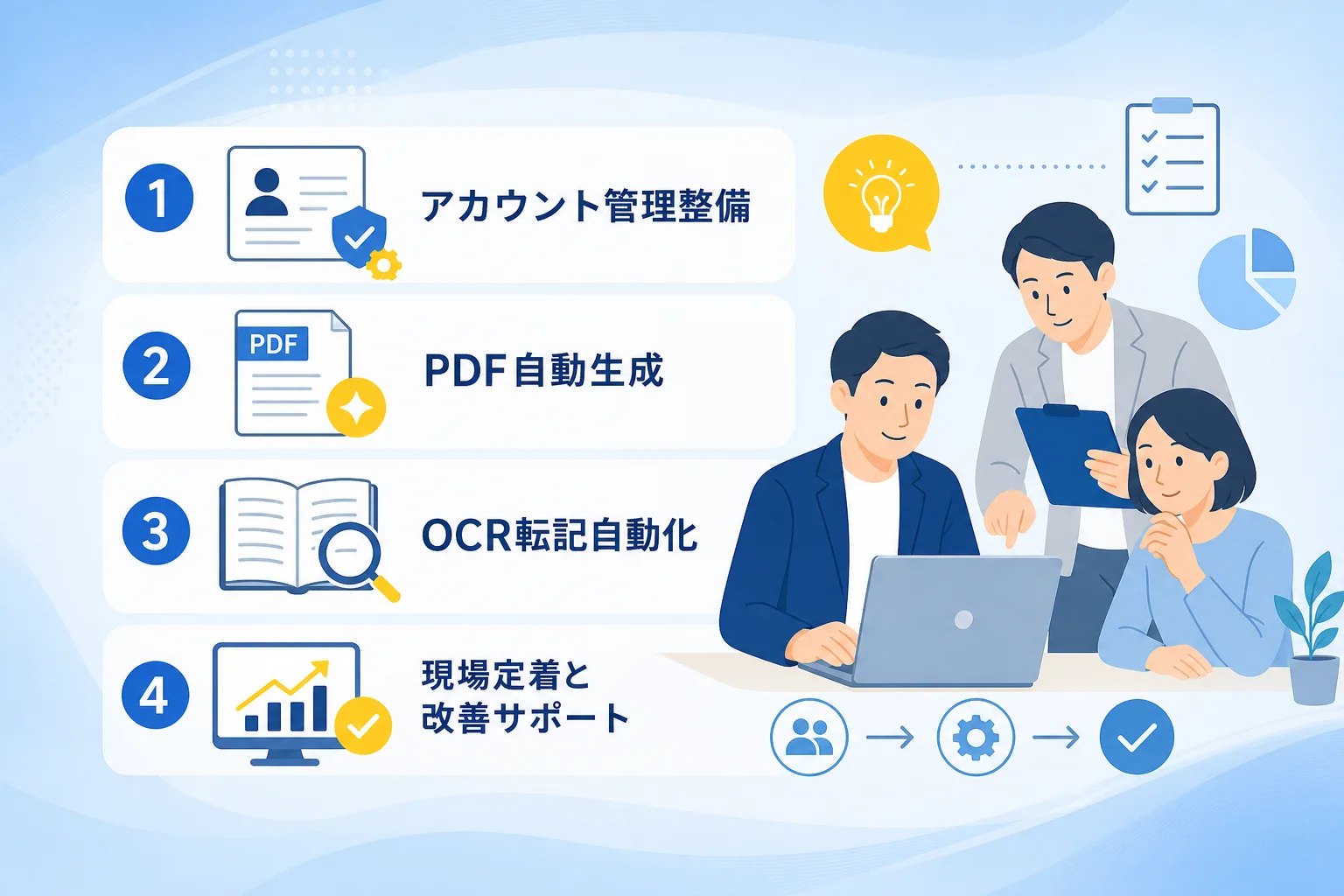 アカウント管理やOCR転記の自動化などバックオフィス効率化の要点を示すチェックリスト図