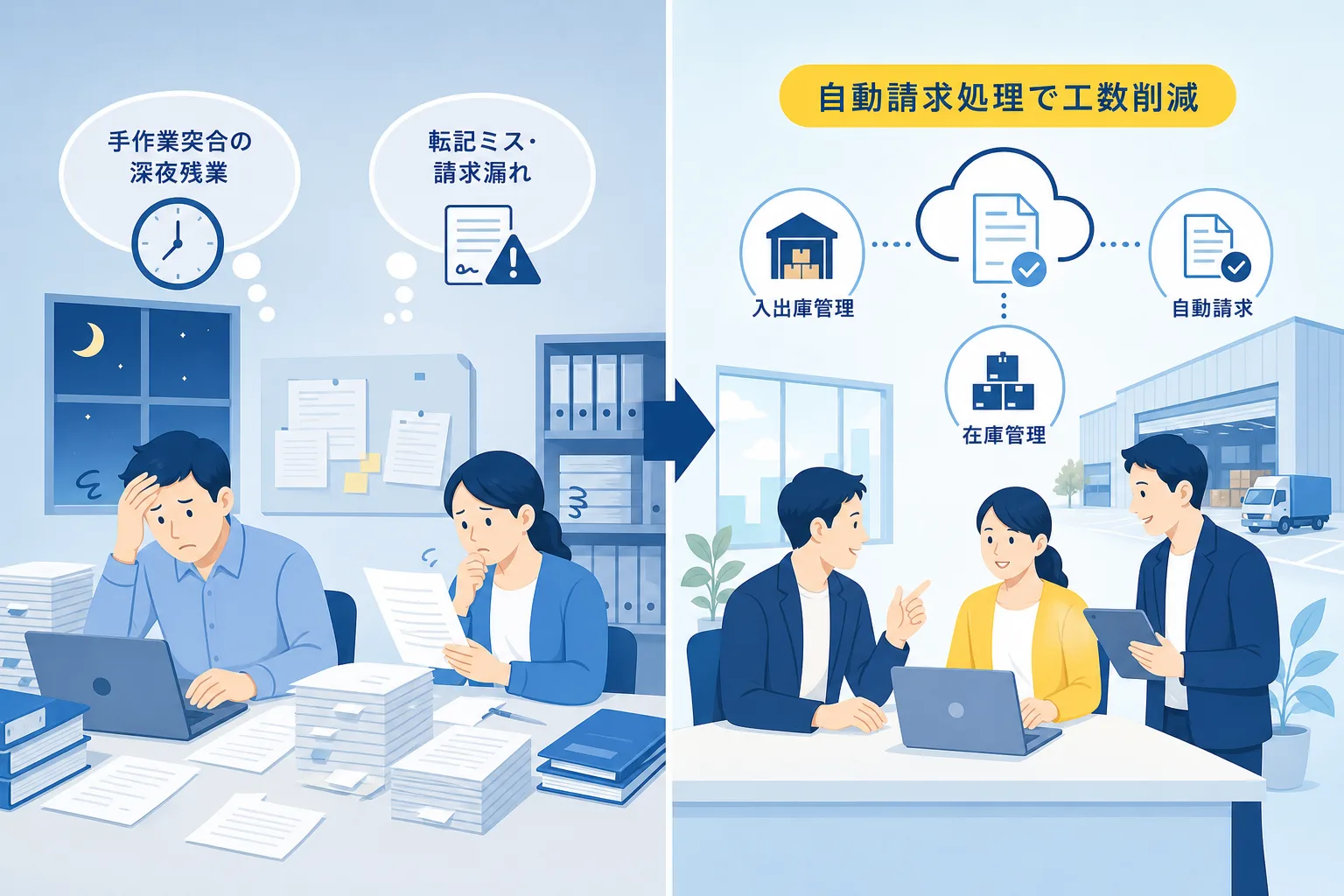 紙ベースの手作業による課題とAI導入後の効率化成果を対比したビフォーアフター図