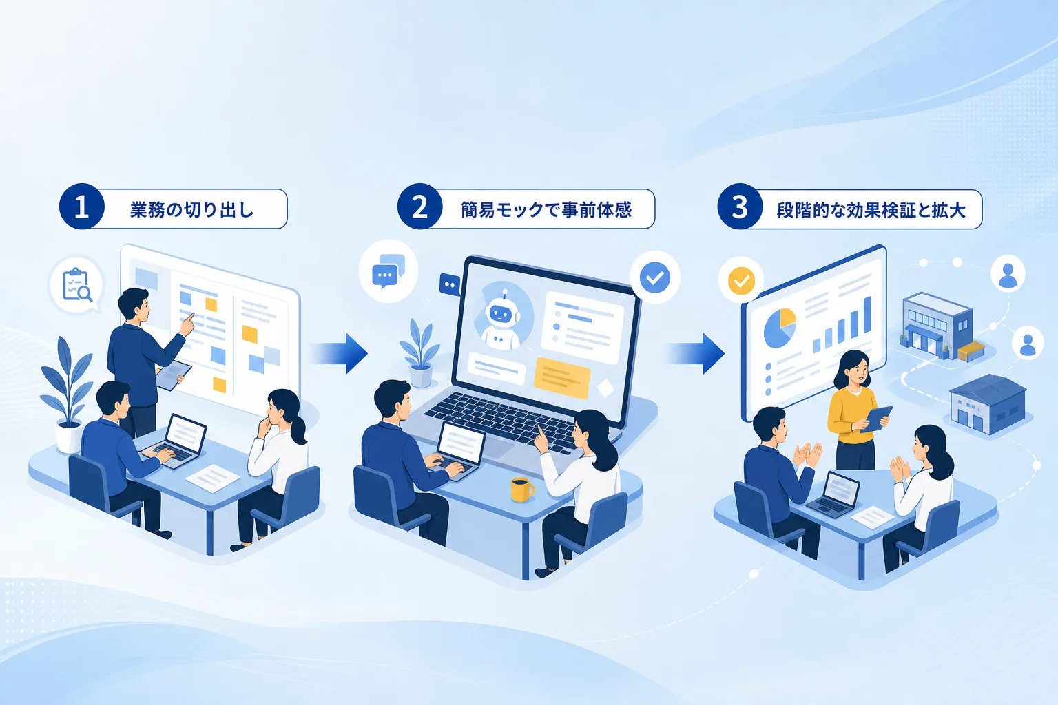 業務の切り出しから無料モックの体感を経て段階導入する流れを示した3ステップ図