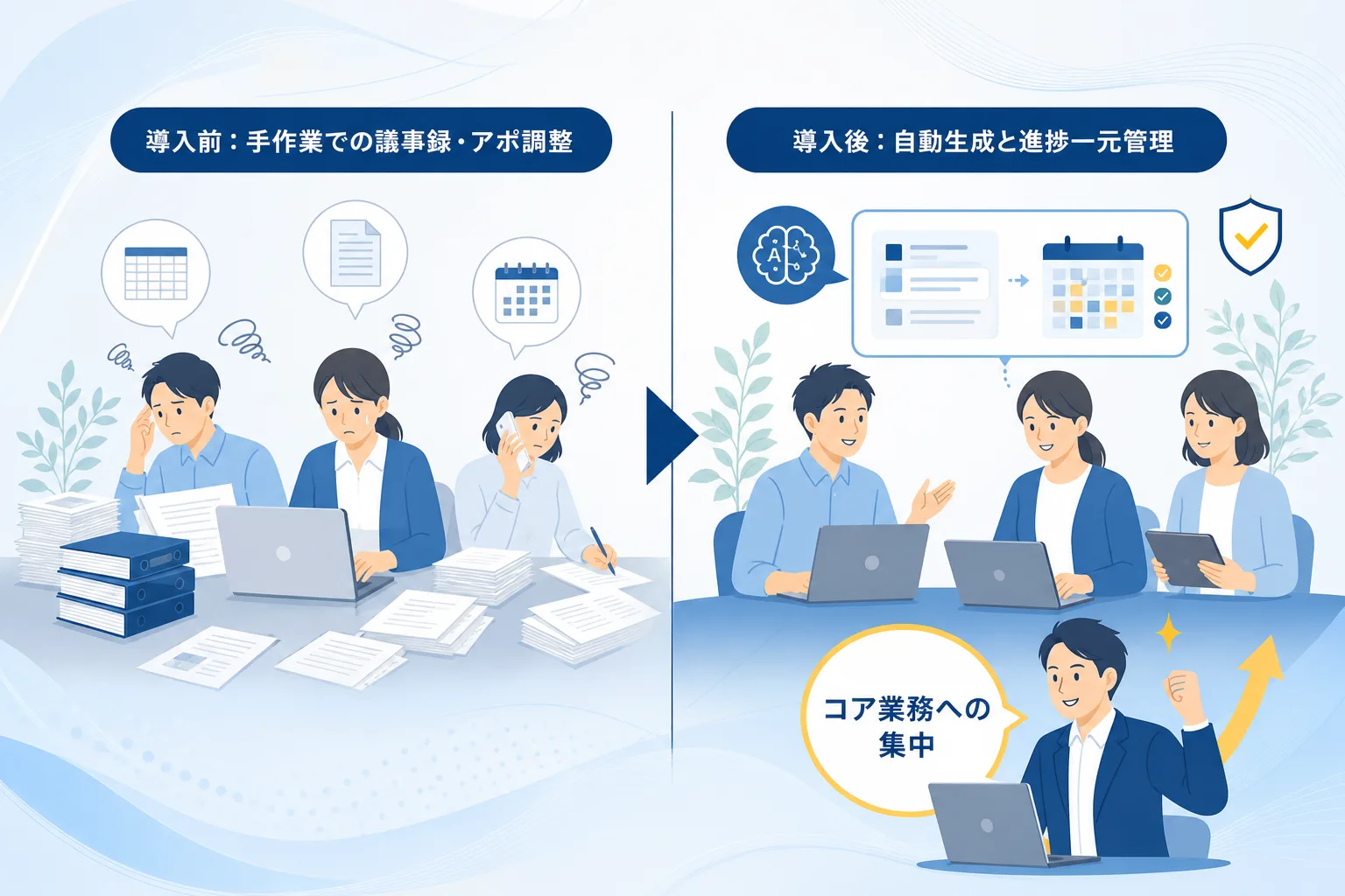 支援前後の業務フローと作業負担の変化を左右で対比した比較イラスト図解