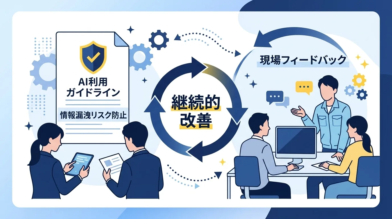 盾で守られた社内セキュリティ規程と、現場でAIを繰り返し改善・活用するサイクルを表すイラスト