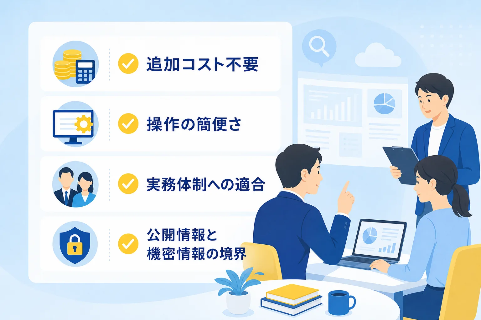 コストや操作性など中小企業がAIツールを選定する際の4つの判断基準を示すチェックリスト図