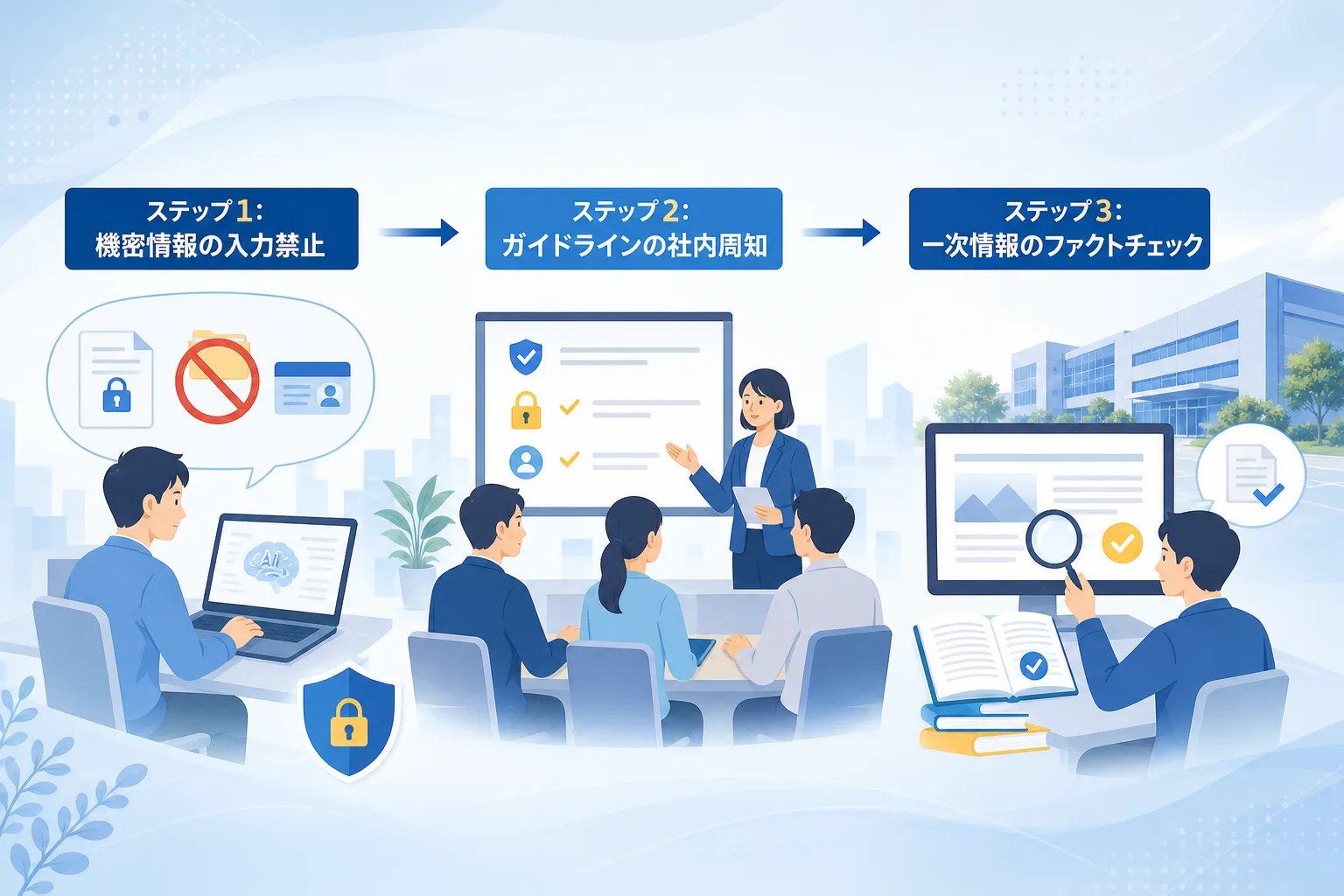 社内ルール策定からファクトチェックまでの安全利用手順を順序立てて示したプロセス図
