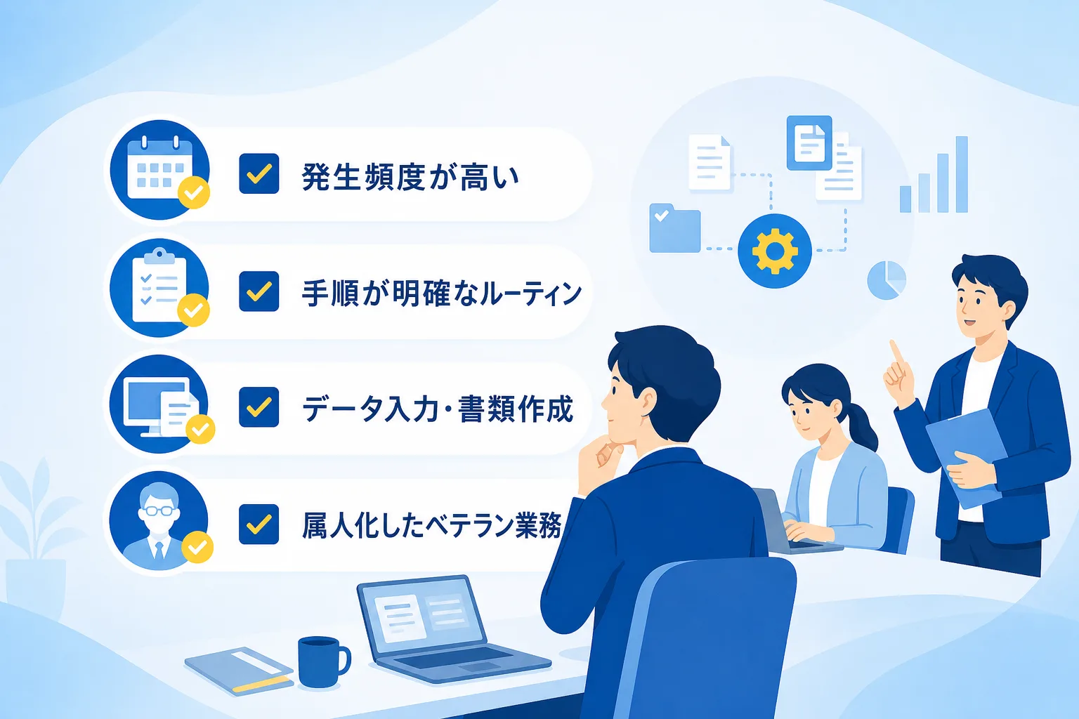 請求書作成やデータ入力などAI化に適した業務基準がアイコン付きチェックリストで並ぶ図解