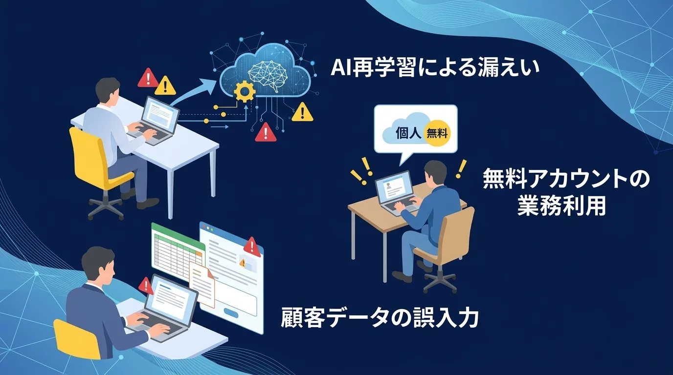 AIチャット画面に誤って機密データを入力し外部へ漏えいしてしまう仕組みを表した図解イラスト