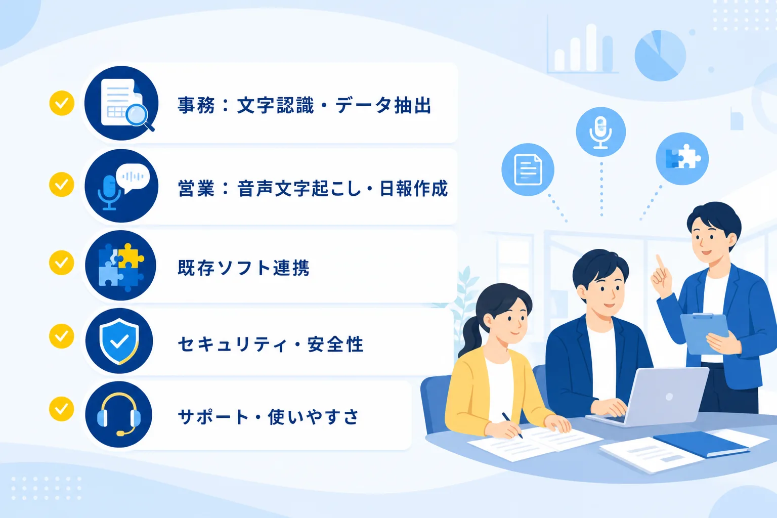 事務向け機能と営業向け機能の選定ポイントをチェックリスト形式で整理したアイコン図解