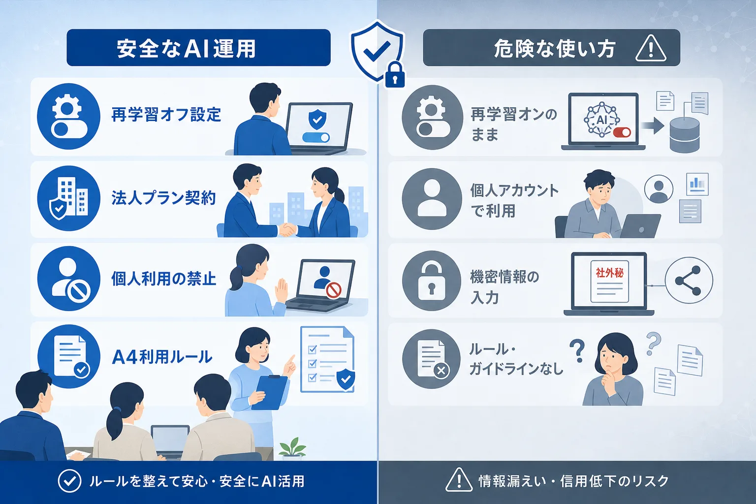 AIの安全な利用設定と情報漏えいリスクのある危険な利用例を左右で対比した比較表