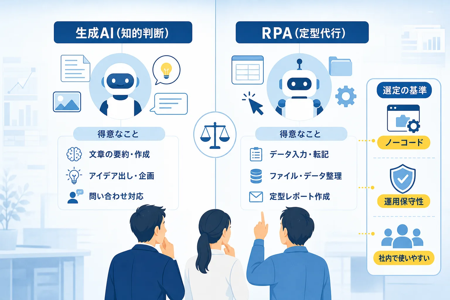生成AIの知的作業支援とRPAの定型作業代行の特徴を分かりやすく比較した図表