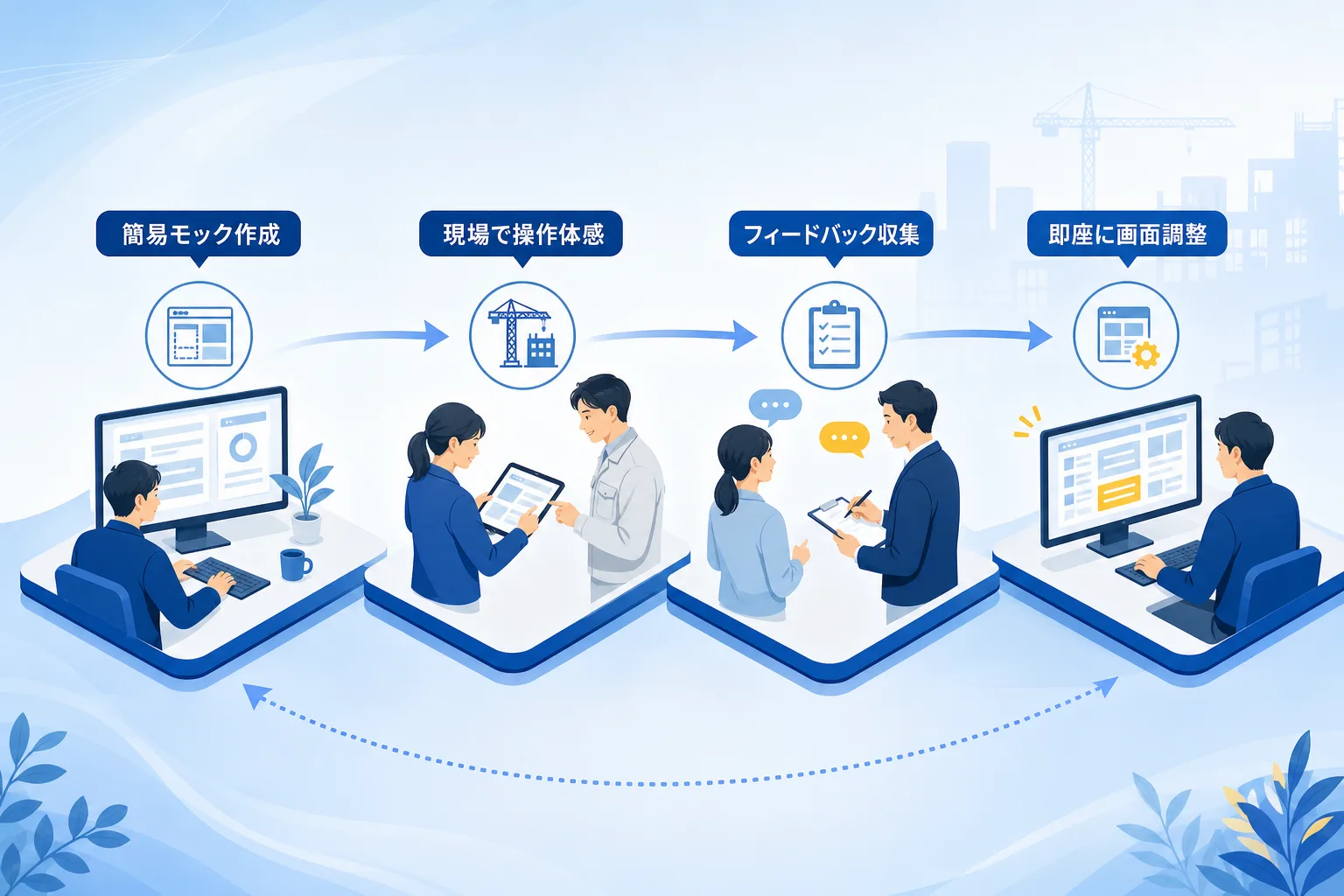 簡易モックを作成して現場で操作し改善を繰り返す手順を示したプロセスフロー図