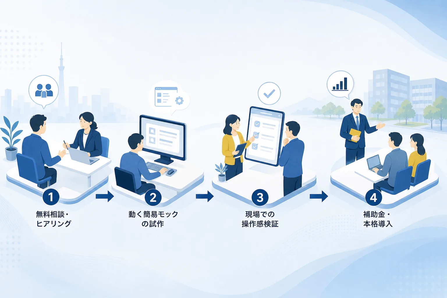 無料相談から試作モック検証を経て本格導入へ進むステップを表したフローチャート図解