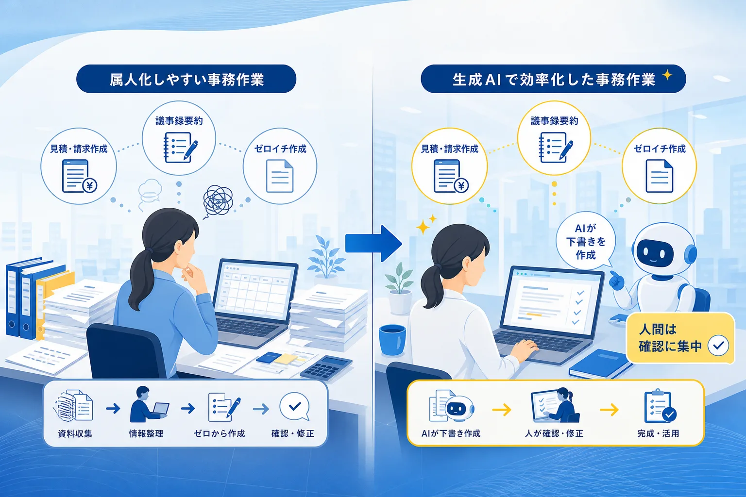従来の手作業による時間のかかる事務処理と、生成AIが下書きを作成し人間が確認する効率的な業務フローの比較図