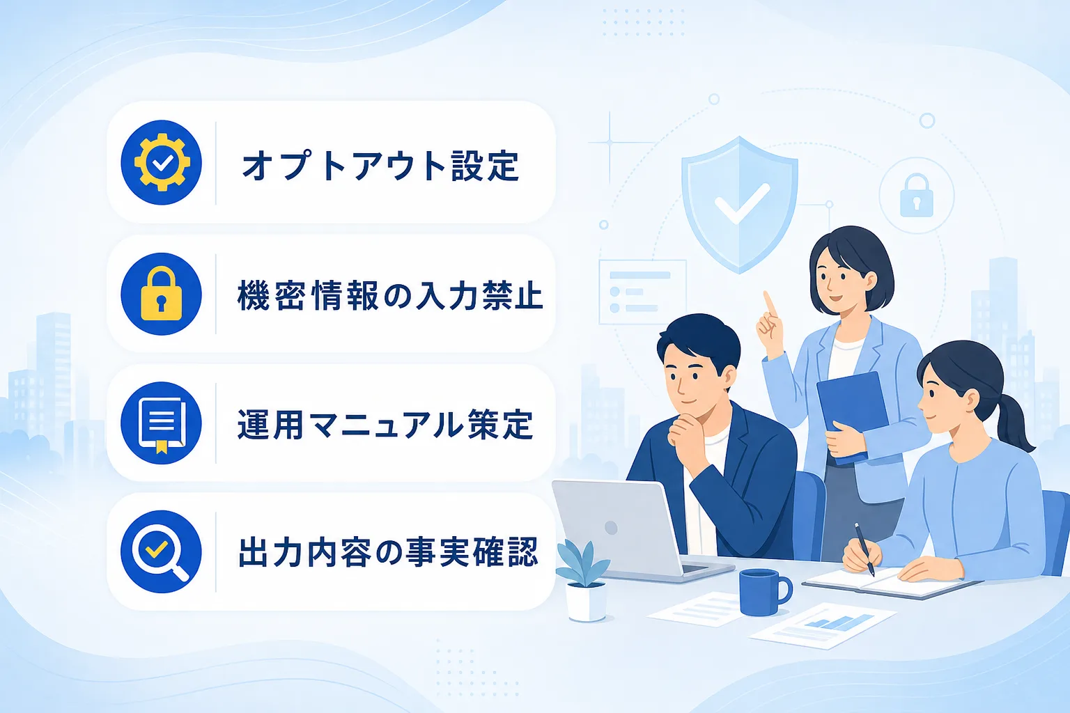 オプトアウト設定や入力禁止情報の区分など安全な生成AI利用のためのチェック項目を並べたアイコンリスト