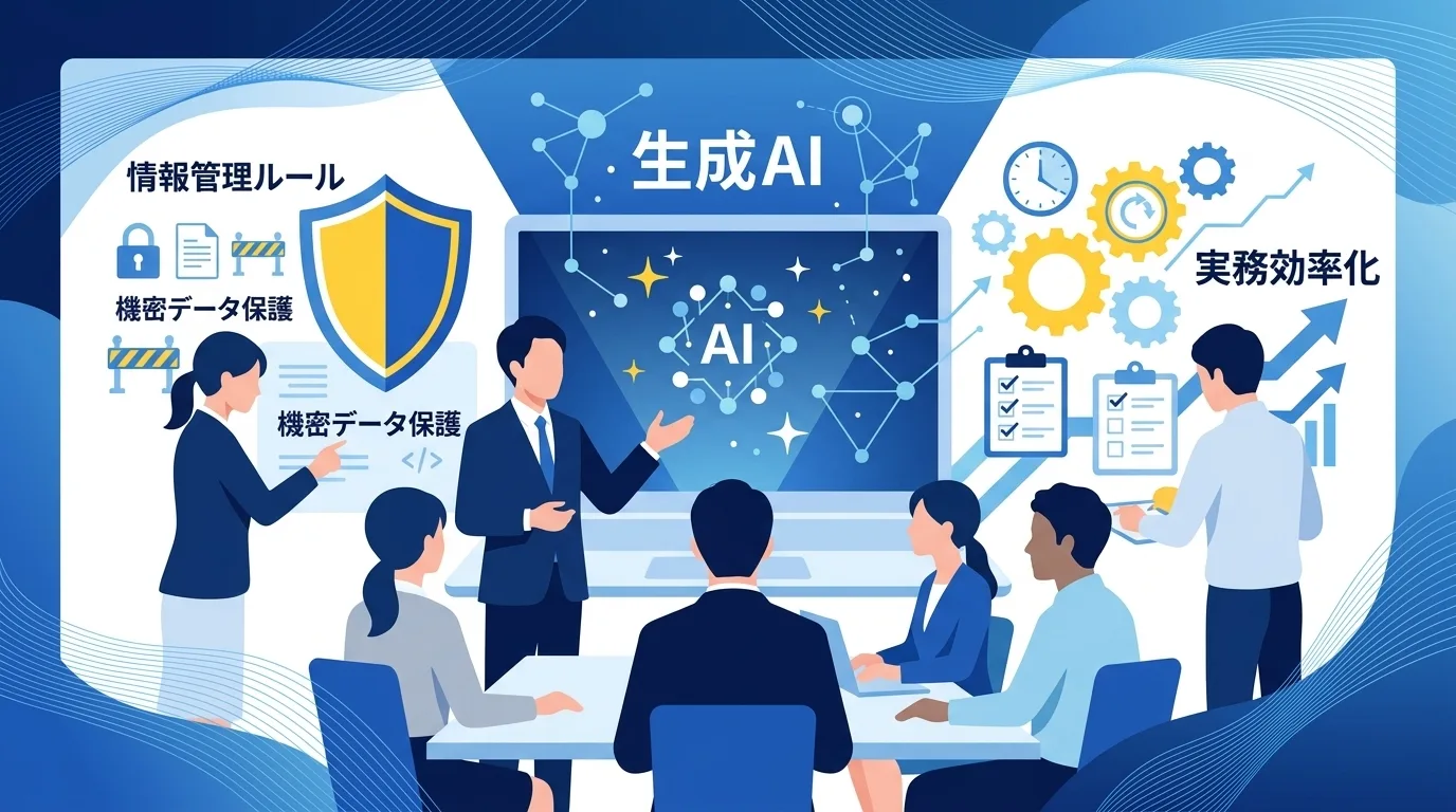 セキュリティの盾で機密情報を保護しながら業務効率化の歯車を回す構図の概念図イラスト