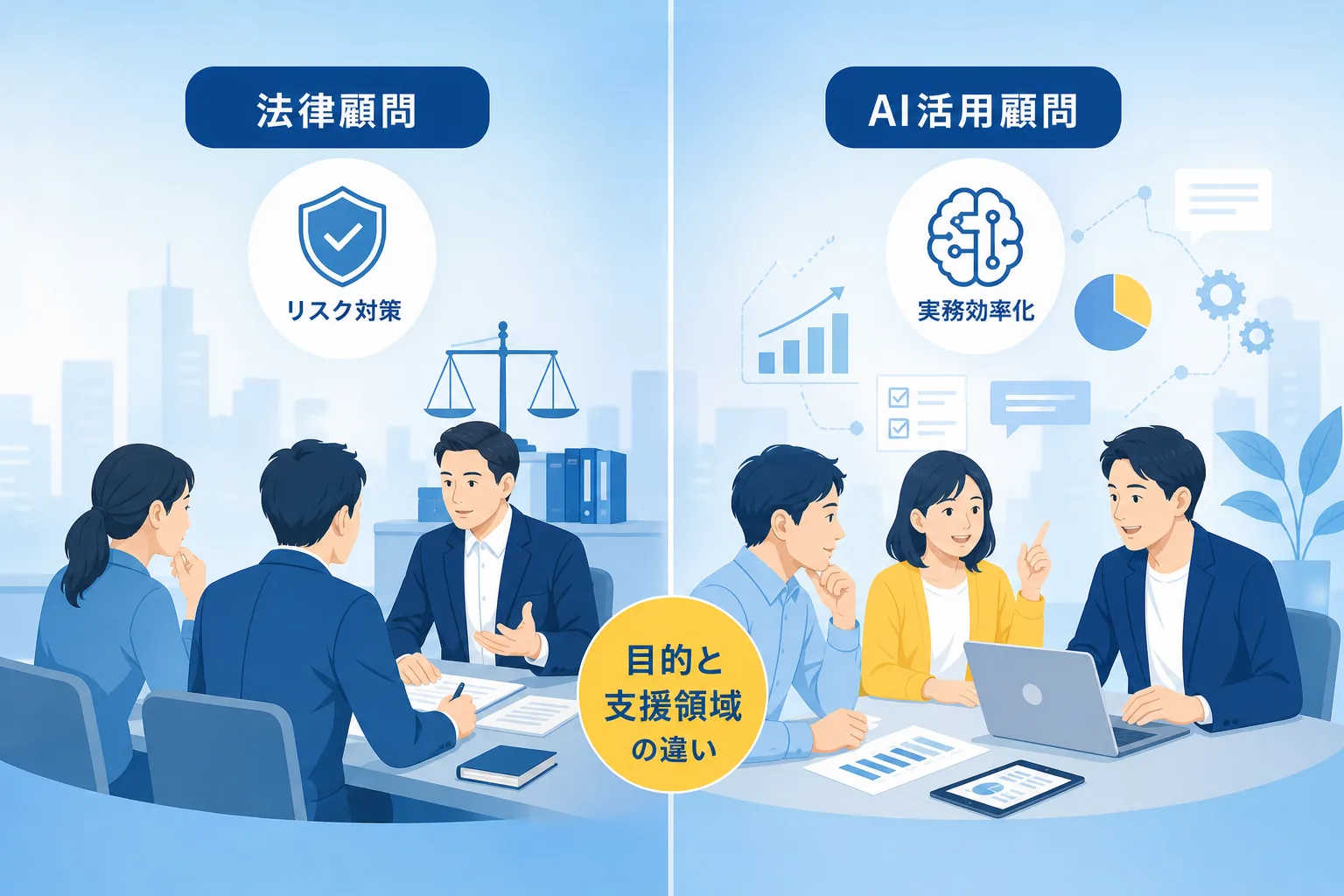 法律顧問のリスクチェック領域とAI活用顧問の現場実務代行領域を左右で対比した比較表
