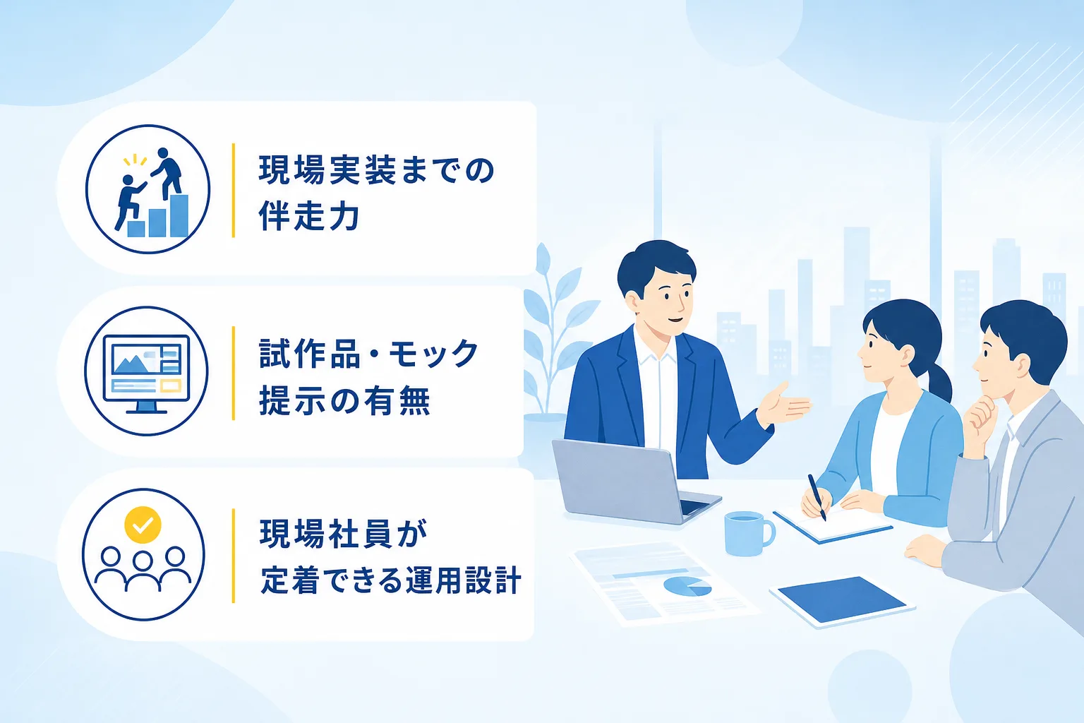 現場伴走支援、試作品の提示、現場目線の運用ルールの3つの選定ポイントがチェックリスト形式で並んだイラスト